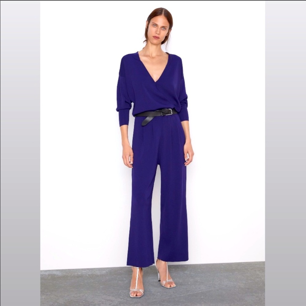 Zara Knit 3/4 Sleeves Faux Wrap Wide Leg Jumpsuit